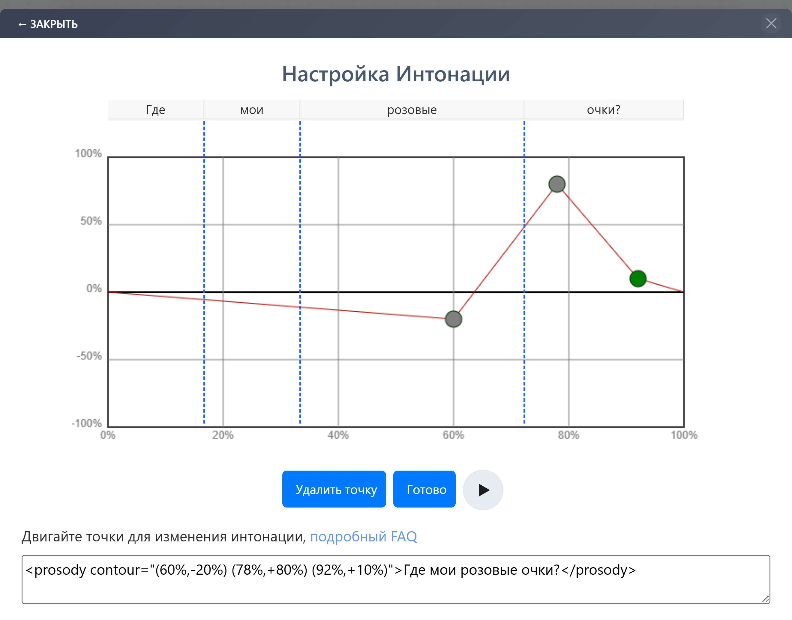 График интонации фразы Где мои розовые очки: три точки на последнем слове — небольшое занижение и резкий подъём