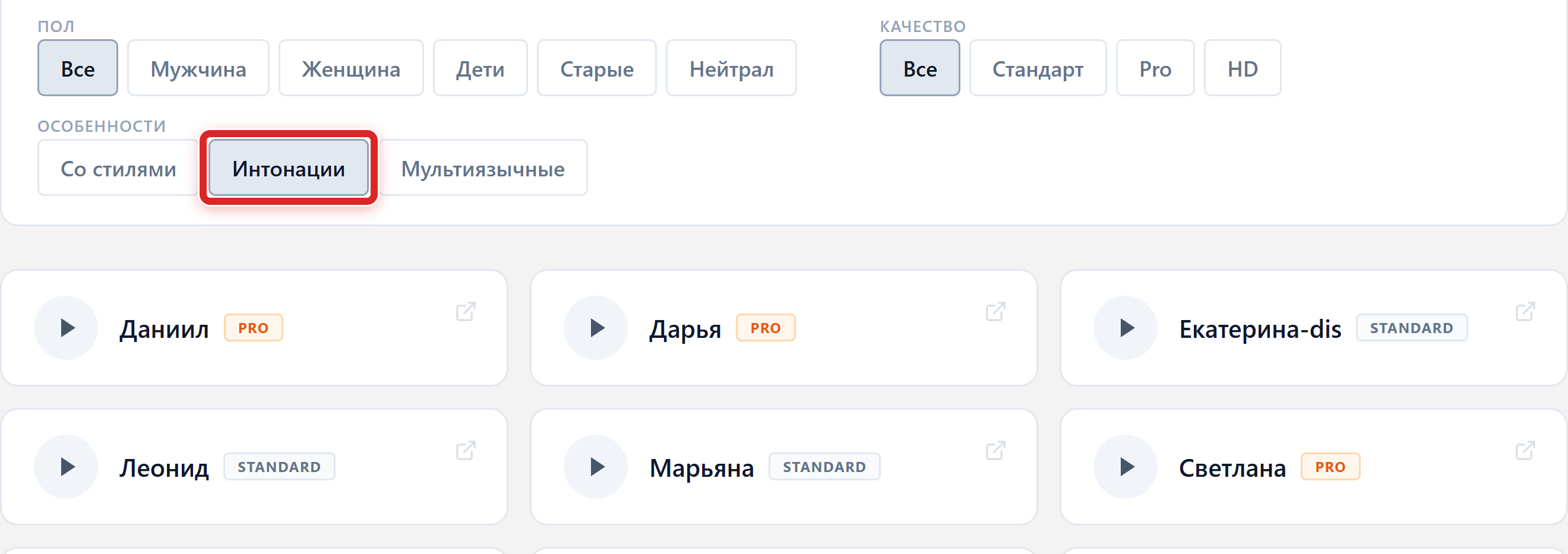 Каталог голосов Звукограма с включённым фильтром Интонации: показаны Даниил, Дарья, Светлана и другие голоса с поддержкой контура